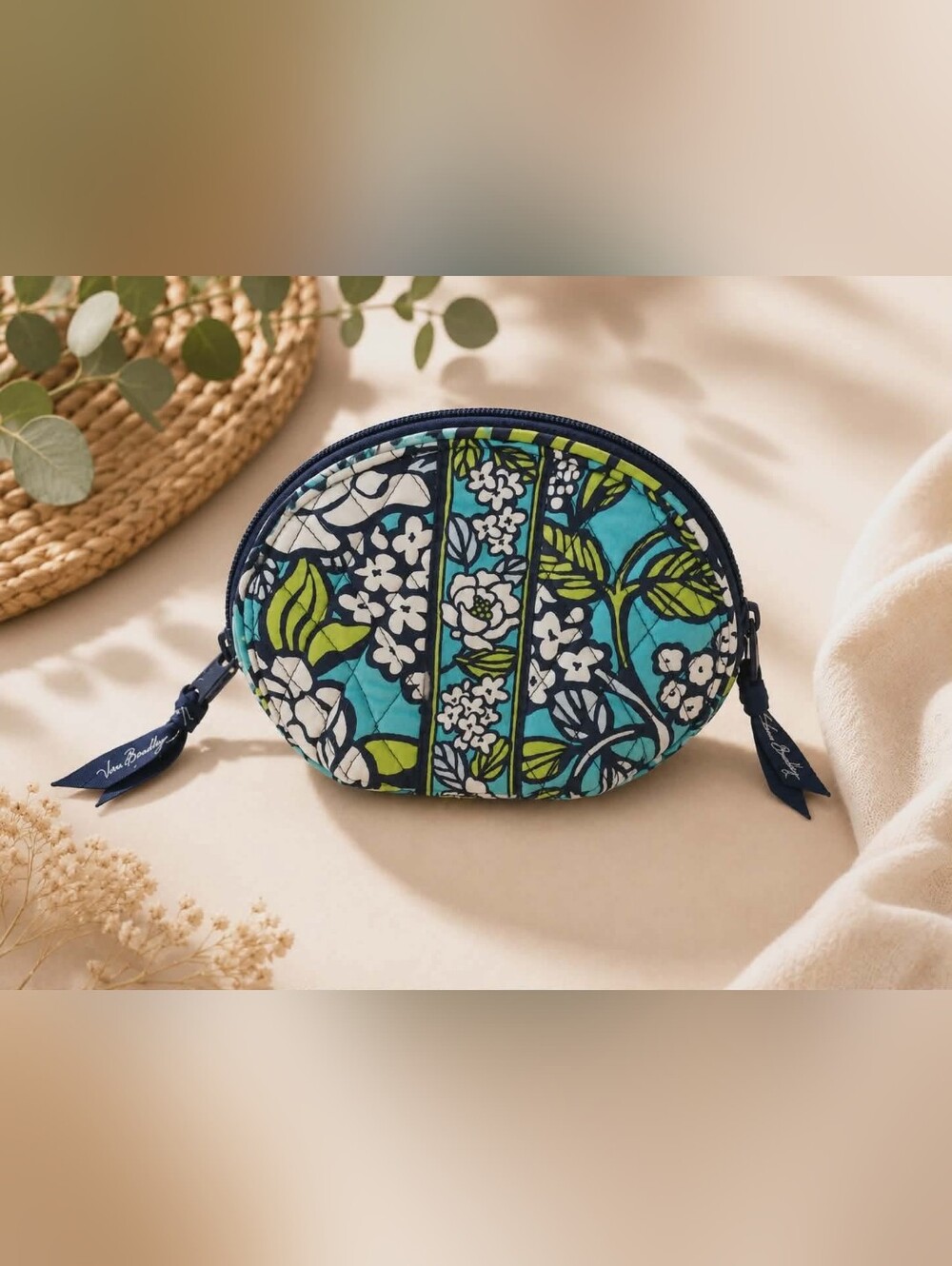 Vera Bradley Teal Blue Lime Floral Quilted Cosmetic Pouch
